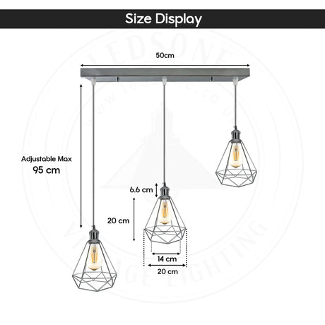 E27 3 Way Rectangle Chrome Pendant Ceiling Light Diamond Cage~4191-4