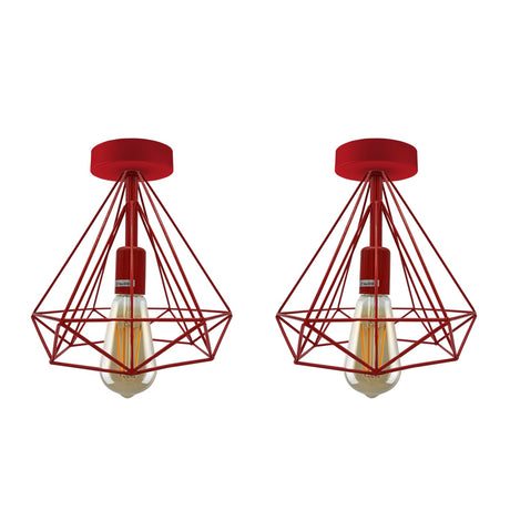 E27-2 Pack Red Flush Mount Ceiling Light Fixture Metal Cage Lampshade~4198-5