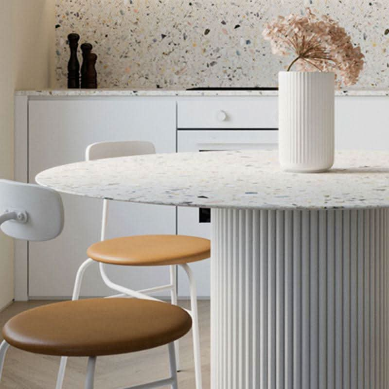 Cracky White Round Dining Table, Premium Terrazzo And Wood Base | Weilai Concept