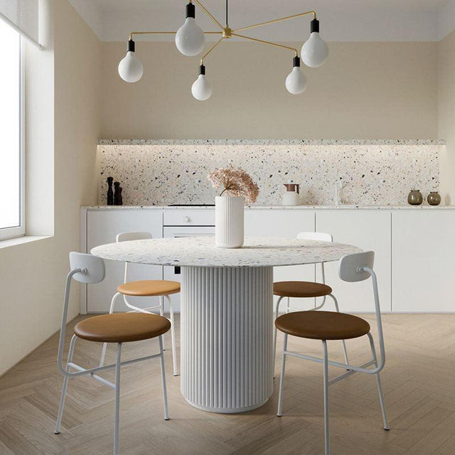 Cracky White Round Dining Table, Premium Terrazzo And Wood Base | Weilai Concept