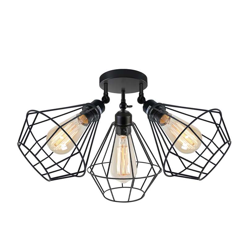 3-way Black Wire Cage Semi-Flush Mount Adjustable Ceiling Light~4988-4