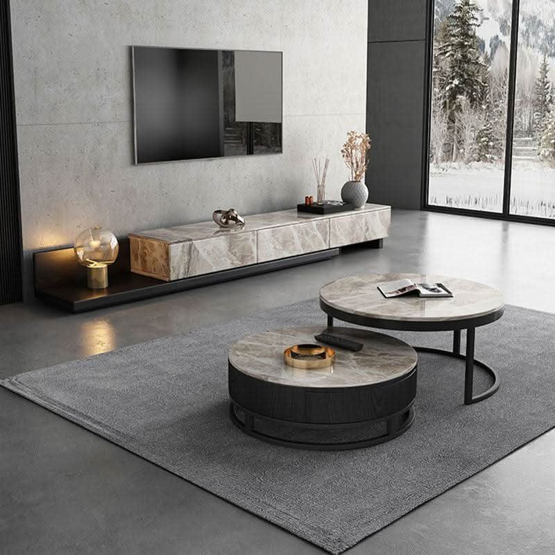 Lvinta Grey Round Nesting Coffee Table With TV Stand, Gold Base | Weilai Concept