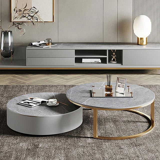 Oval Round Nesting Coffee Table With TV Stand, Gold Leg | Weilai Concept