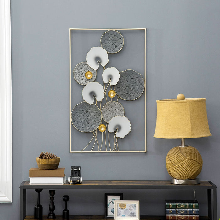 3D Metal Wall Art Modern Lotus Leaves Hanging Wall Sculpture Home Decor for Living Room Bedroom Dining Room, Grey Gold-1