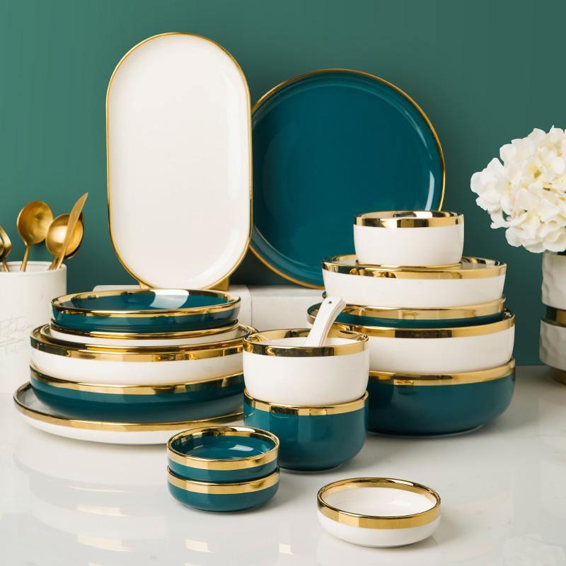 9 Piece Dinner Set, Green And Gold | Weilai Concept