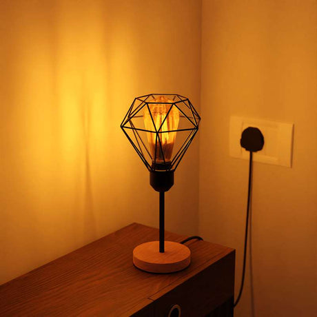 Metal Diamond Bulb Guard Cage Wood Stand Table Lamp Bedside Desk Lamp Light~4918-1