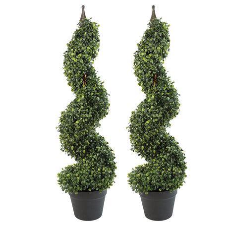 Pair of 90cm (3ft) Tall Artificial Boxwood Tower Trees Topiary Spiral Metal Top-0