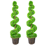 120cm Pair of Green Large Leaf Spiral Topiary Trees with Decorative Planters-0