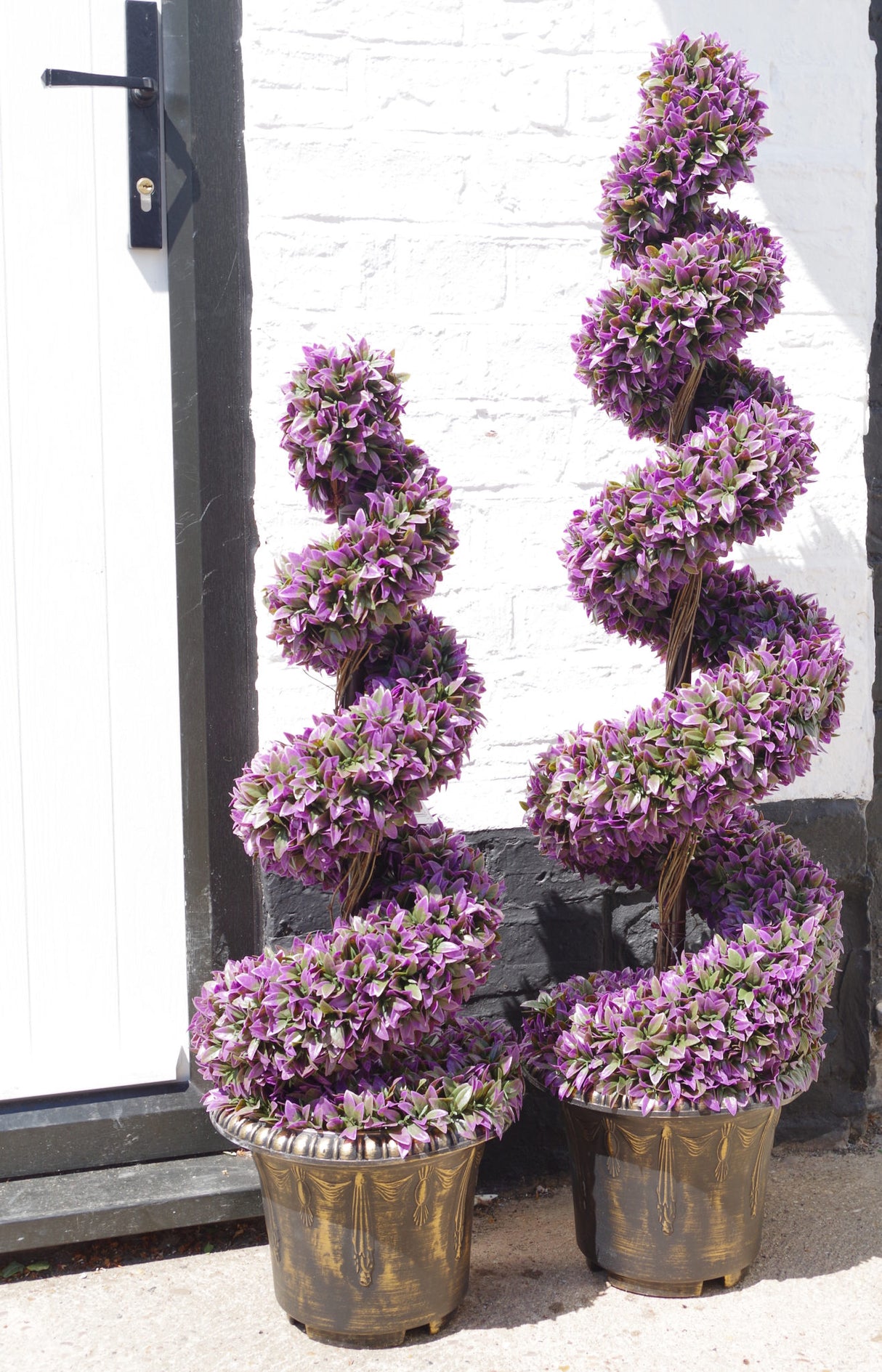 120cm Pair of Purple Large Leaf Spiral Topiary Trees with Decorative Planters-4