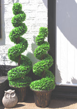 120cm Pair of Green Large Leaf Spiral Topiary Trees with Decorative Planters-3