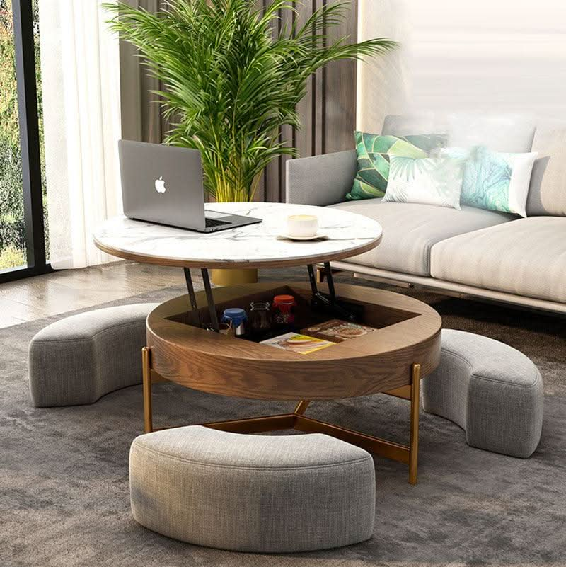 Josiah Round Lift-Top Coffee Table With 3 Small Benches, Linen | Weilai Concept