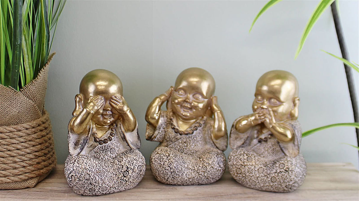 Set of 3 Gold Buddha Ornaments, See No Evil, Hear No Evil, Speak No Evil