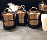 Set of 3 Black & Copper Tea, Sugar & Coffee Tins