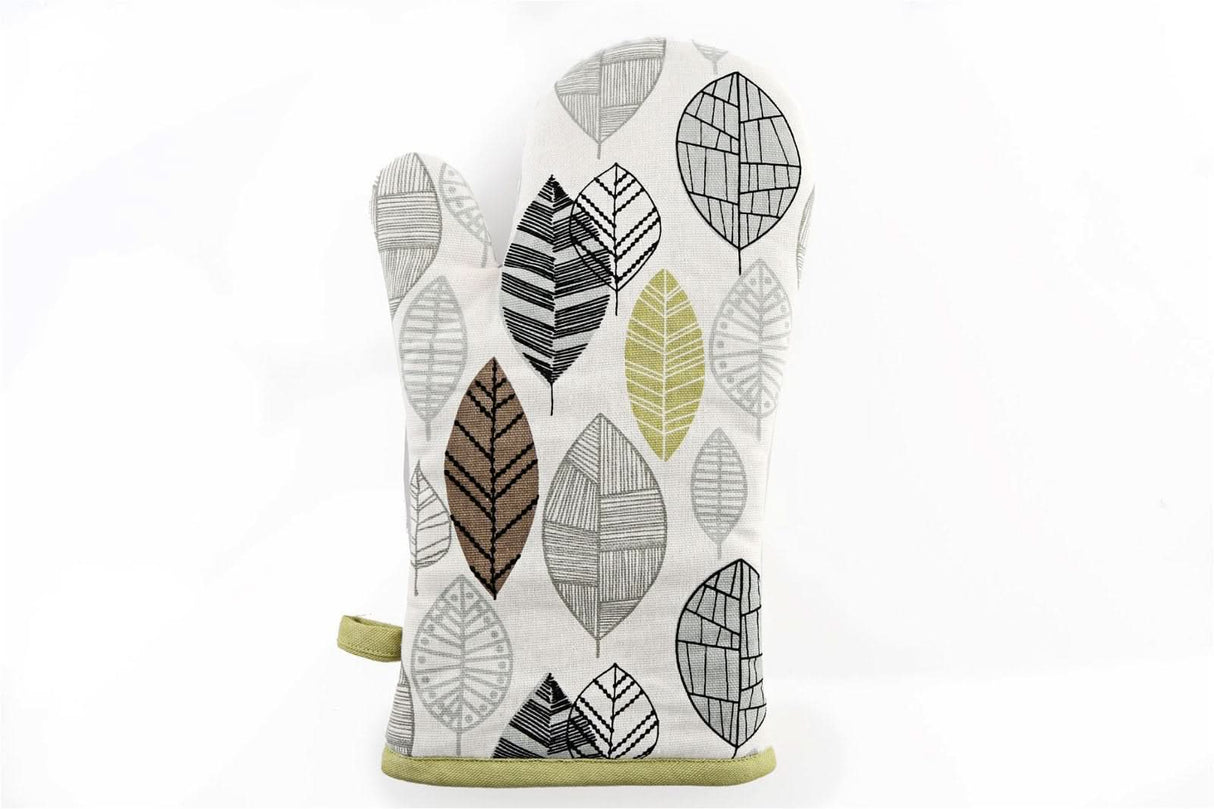 Kitchen Oven Glove With Contemporary Green Leaf Print Design