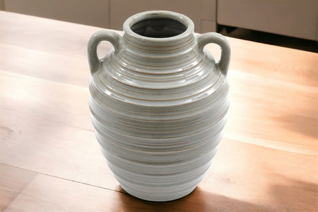 Ceramic Grey Ribbed Vase With Handles 25cm