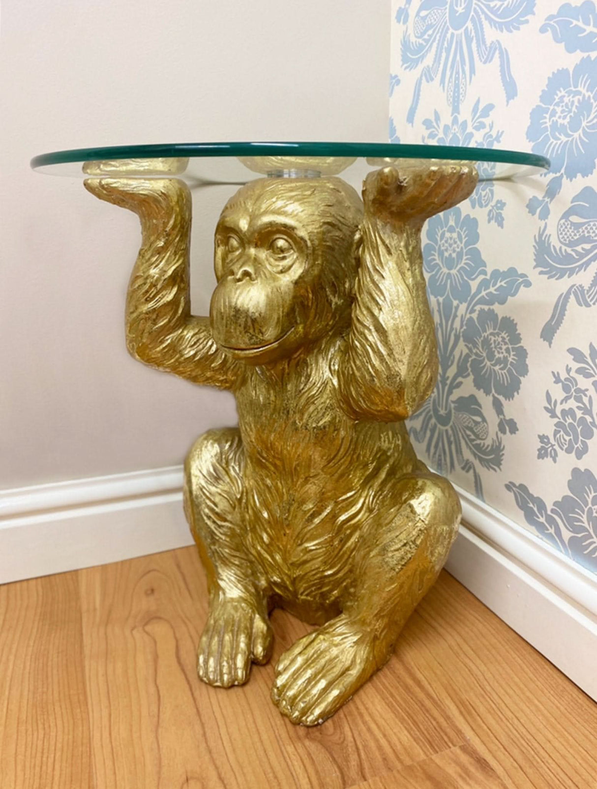 Gold Chimp With Glass Top Side Table