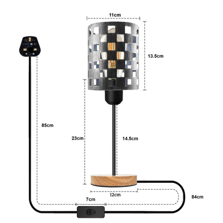 Metal Bulb Guard Cage Wooden Stand Bedside Table Lamp Plugin On/Off Switch ~5348-1