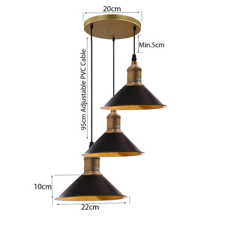 Three Outlet Black Pendant Light 3 Lights Modern Drop Hanging Light~1508-1