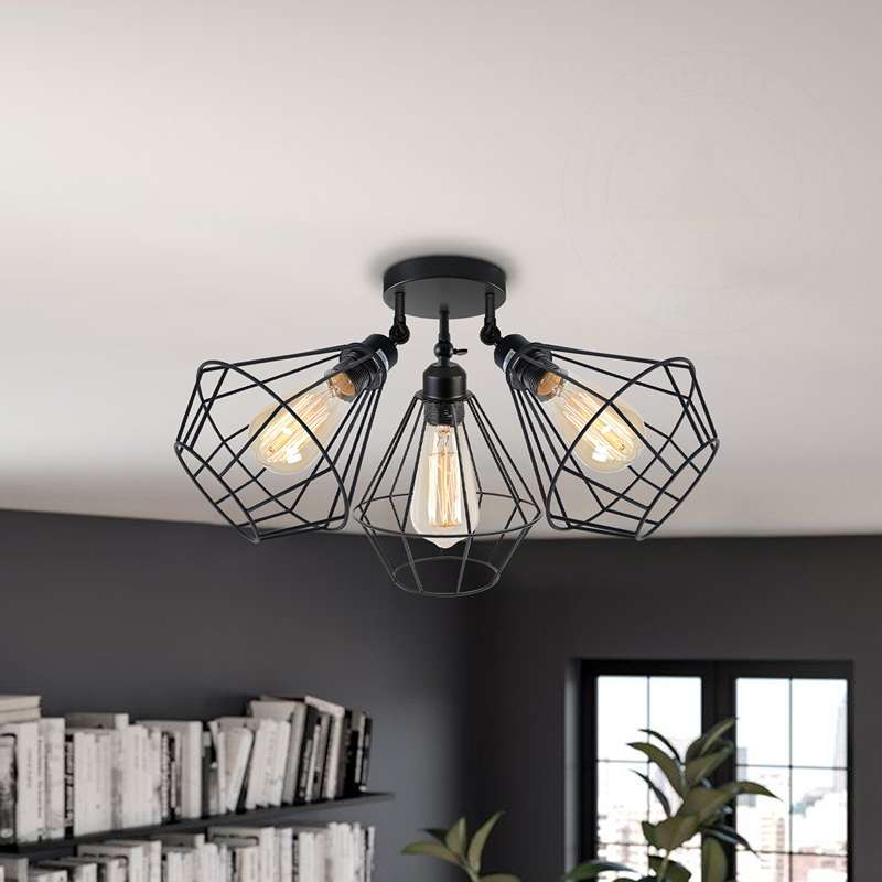 3-way Black Wire Cage Semi-Flush Mount Adjustable Ceiling Light~4988-2