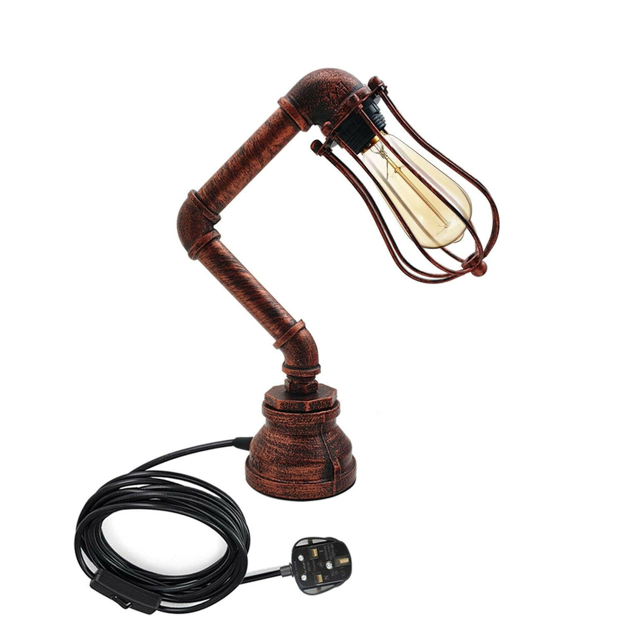 Industrial Iron Water Pipe Table Lamp with Bulb Guard wire Cage ~1306-4