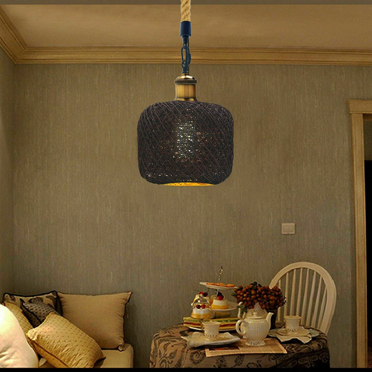 Rattan Ceiling Light lamp Hanging Hemp Rope Pendant Lamp Shade~1333-4