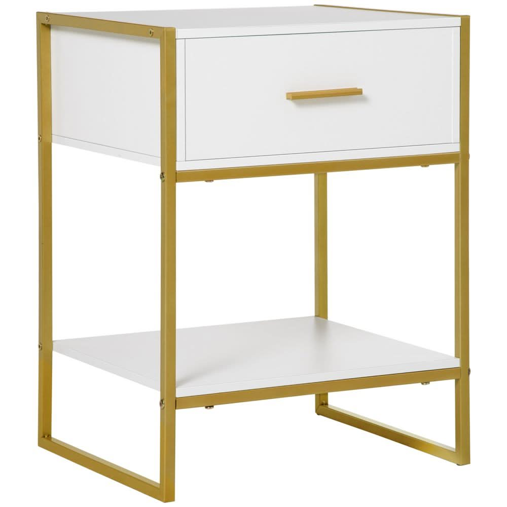 Modern Bedside Table Side Table Nightstand w/ Drawer Shelf White Gold