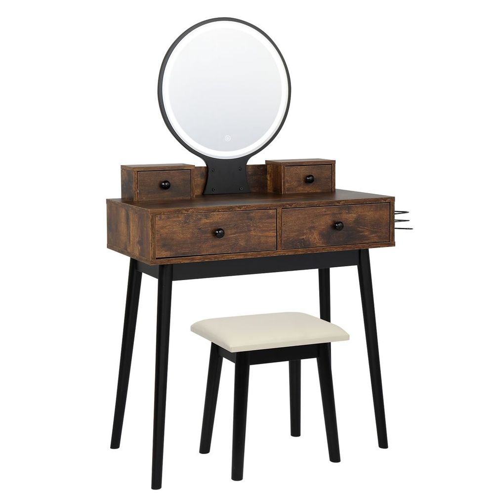 Vanity Set with Touch Screen Lighted Mirror, Makeup Table with Cushioned Stool, 4 Drawers, Rustic Brown and Black