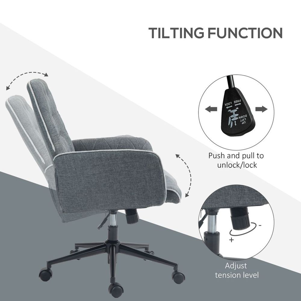 Office Chair Task Adjustable Height Mid Back Armrest Tilt Linen Grey