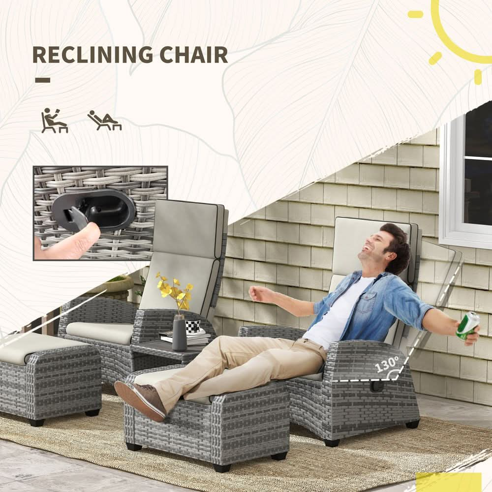 Outsunny 5 PCs Rattan Garden Furniture Set with Reclining Chairs, Table, Grey