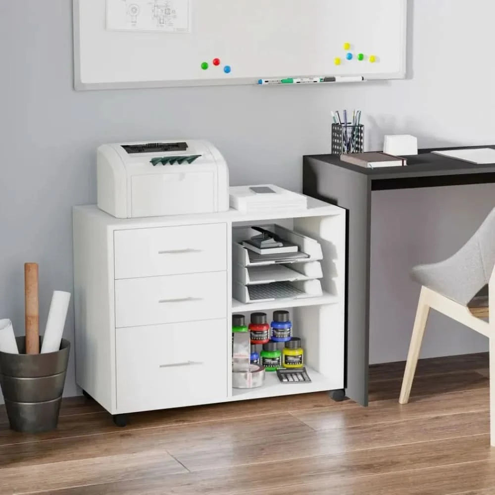 Freestanding Storage Cabinet w/ 3 Drawers 2 Shelves 4 Wheels Office Home White