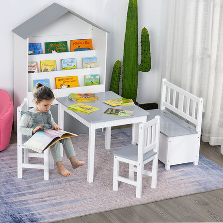 4-Piece Set Kids Wood Table Chair Bench Storage Function for 3 Years+