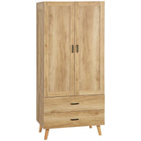 2 Door Wardrobe, Modern Wardrobe w/ 2 Drawer, Hanging Rail for Bedroom Natural