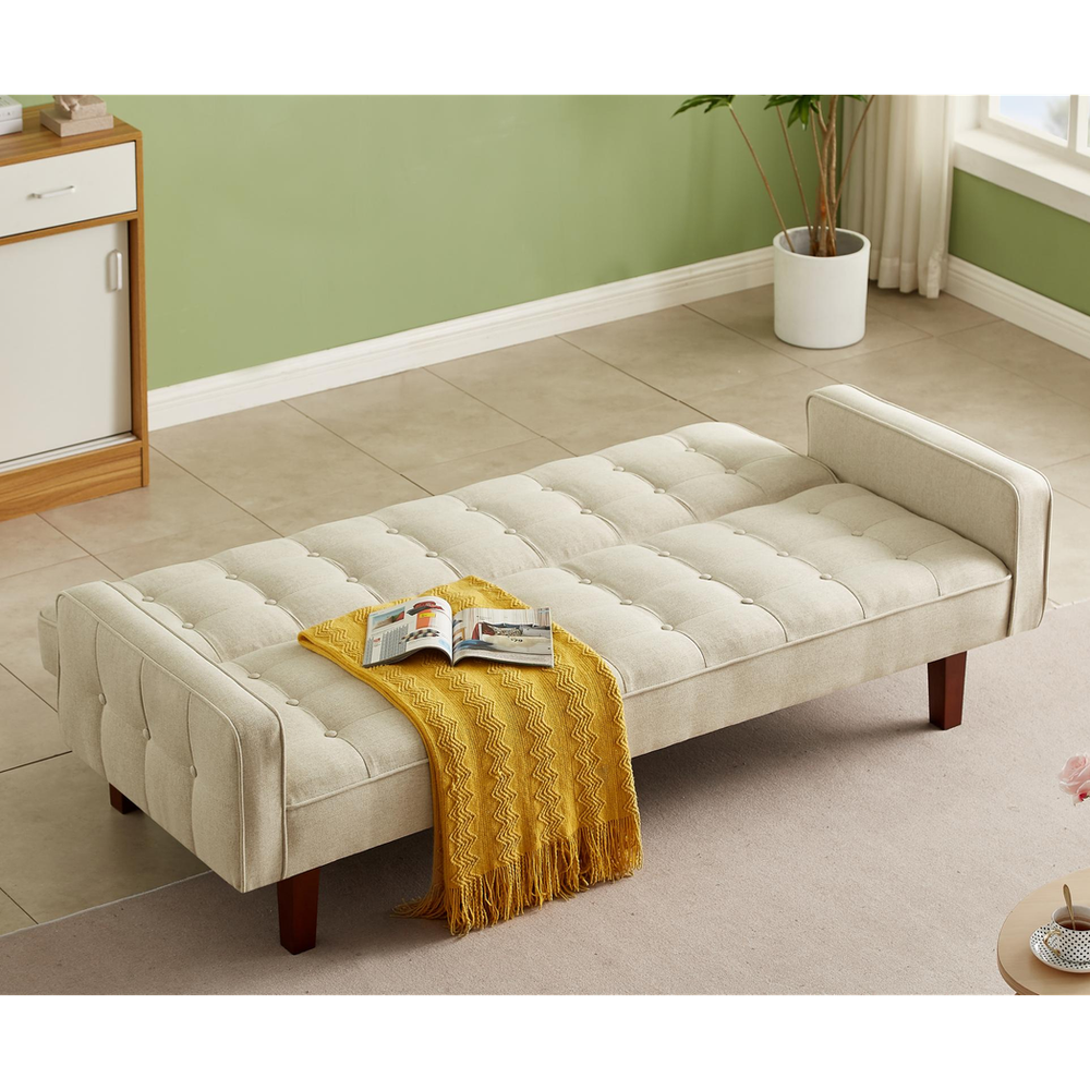 Beige, Linen Futon Sofa Bed 73.62 Inch Fabric Upholstered Convertible Sofa Bed, Minimalist Style for Living Room, Bedroom.