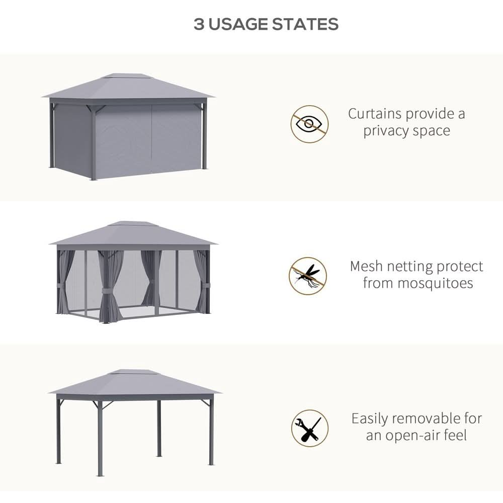 4x3m Patio Gazebo with Vent Mosquito Net Curtains, Aluminium, Grey