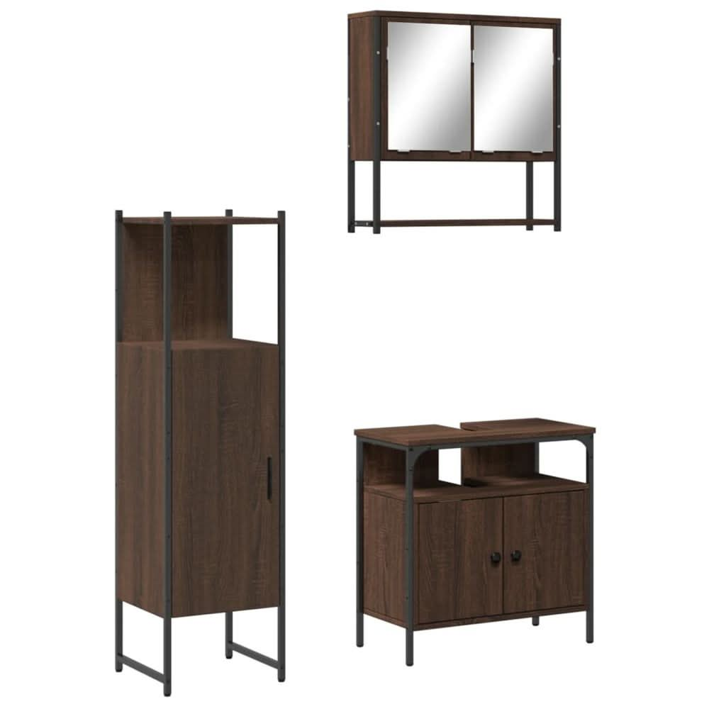 3 Piece Bathroom Furniture Set Brown Oak Engineered Wood