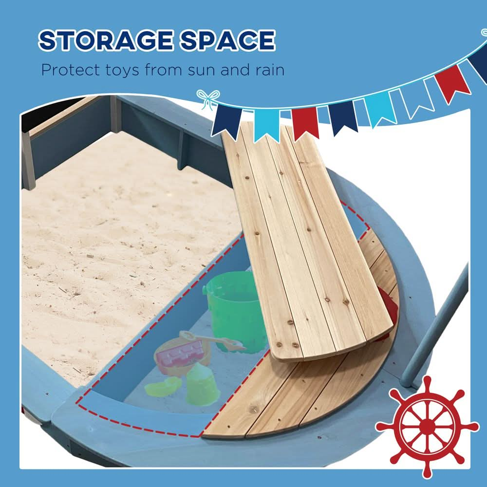 Sand Pit with Blackboard, Flag, Storage Deck for Outdoor Play, Blue