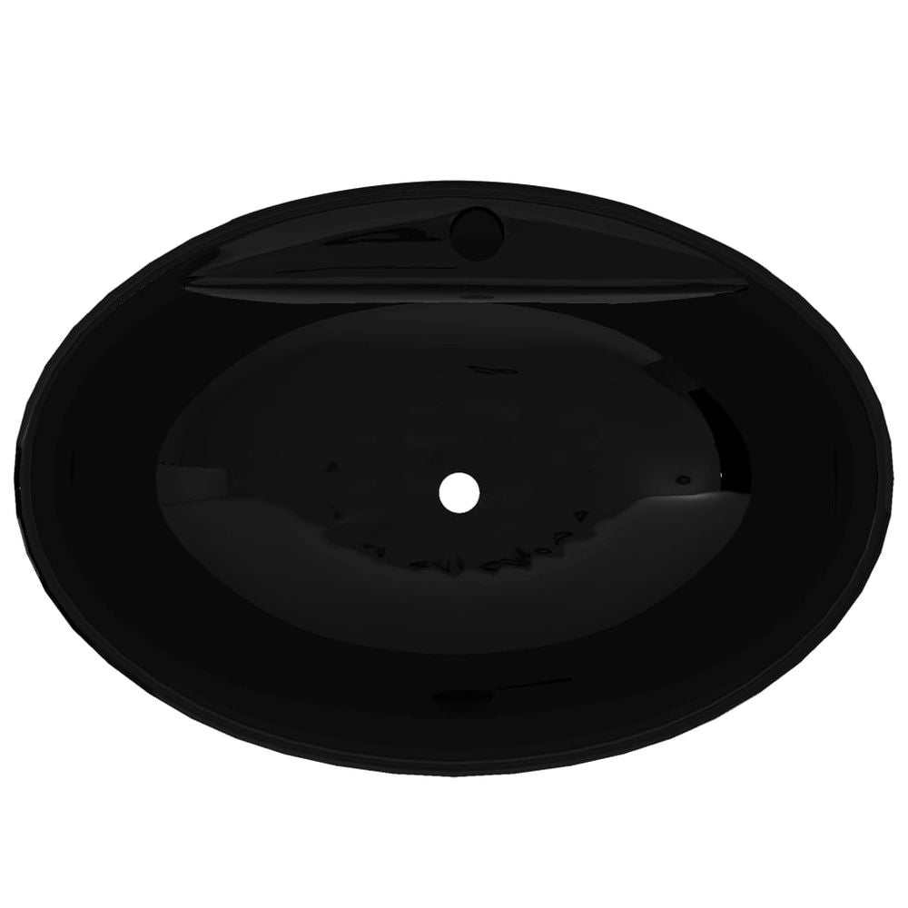 Ceramic Bathroom Sink Basin Faucet/Overflow Hole Black Oval