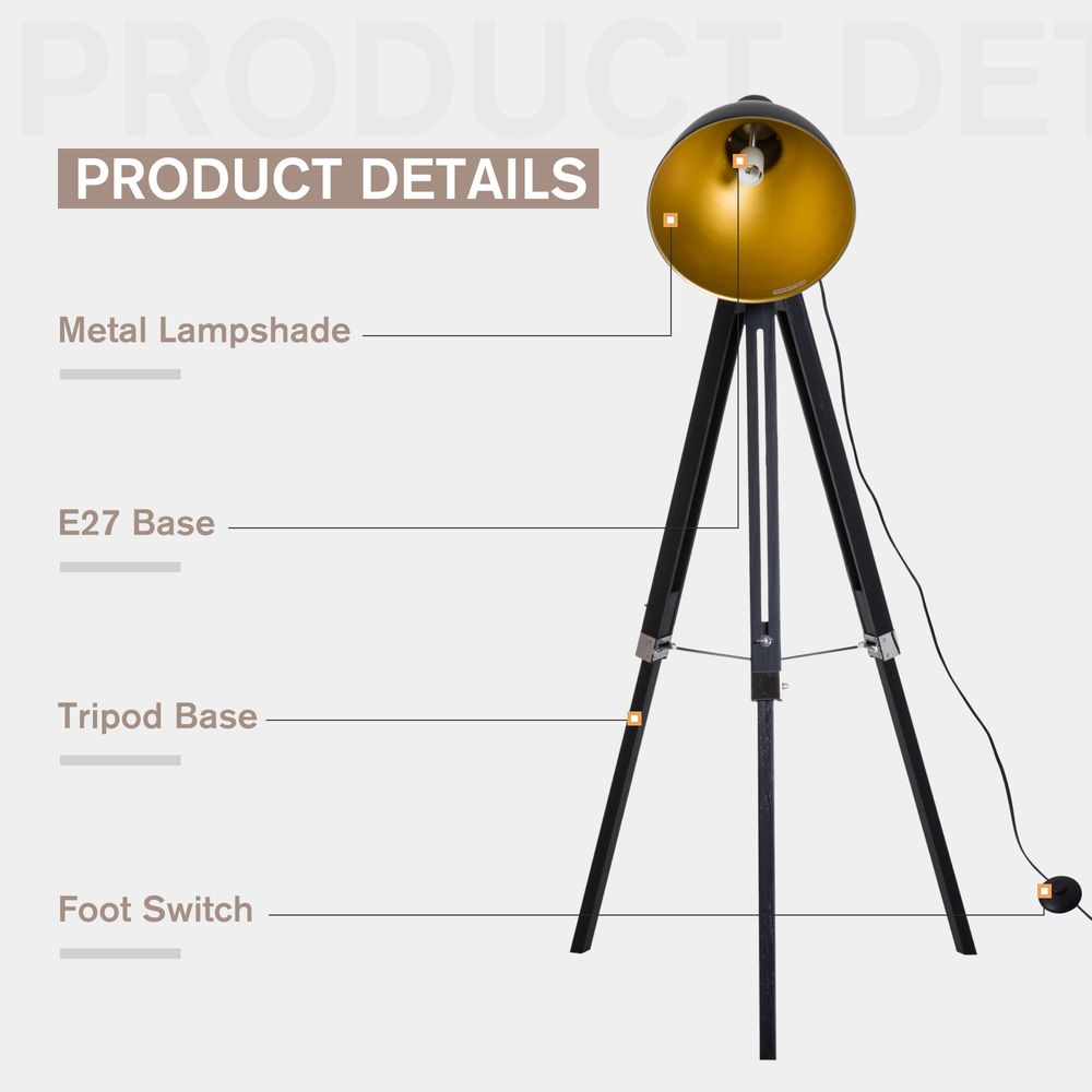 Retro Tripod Floor Lamp  Dome Shade Light Wooden Legs-Black/Gold