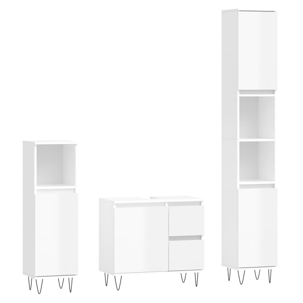 3 Piece Bathroom Furniture Set High Gloss White Engineered Wood