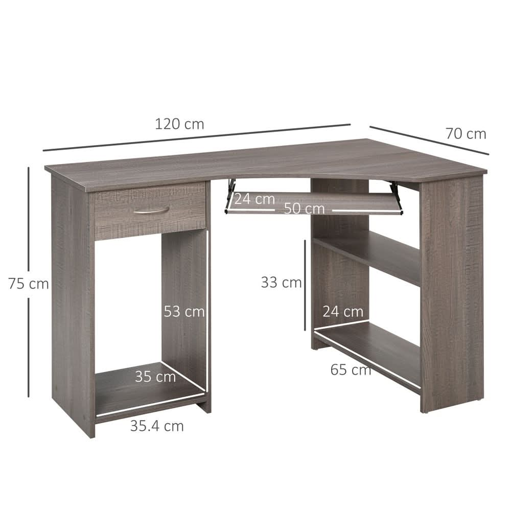 L-Shaped Corner Computer Desk & 2-Tier Side Shelves Wide Table Top Grey