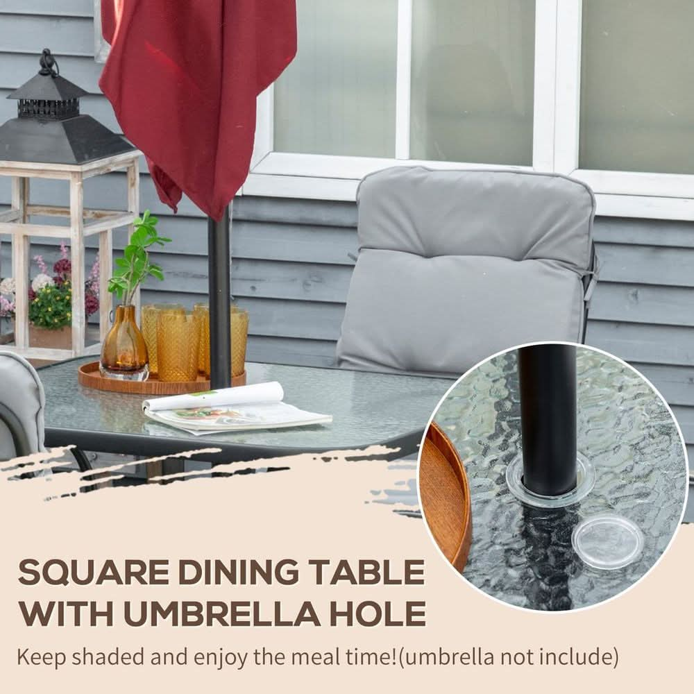 Outsunny Garden Dining Set, Glass Table w/ Umbrella Hole & Texteline Seats