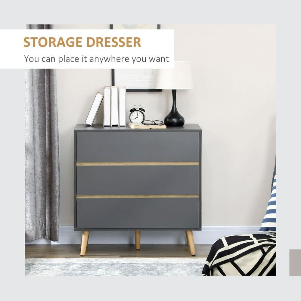 Chest of Drawers, 3 Drawer Storage Cabinet Organiser Bedroom Dark Grey