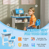 Kids Desk and Chair Set w/ Drawer, Book Stand, Pen Slot, Blue