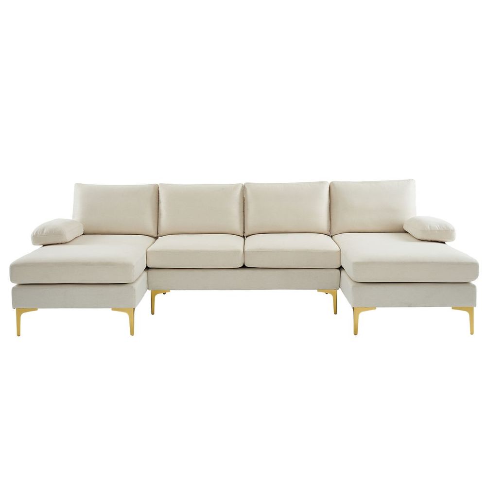 280*130*85 U-Shaped 4-Seat Linen Seat Frame Wooden Frame Back Iron Frame Golden Feet Indoor Modular Sofa Beige