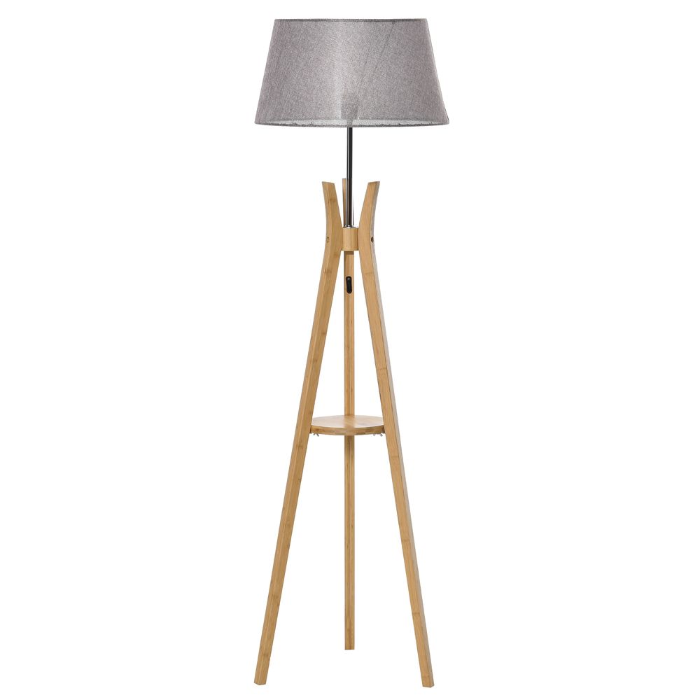 Tripod Floor Lamp Light E27 Base w/ Fabric Shade Storage Shelf, Grey