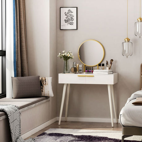 Modern Dressing Table with Round Mirror, Makeup Vanity Table with 2 Drawers White Desk w/ Mirror