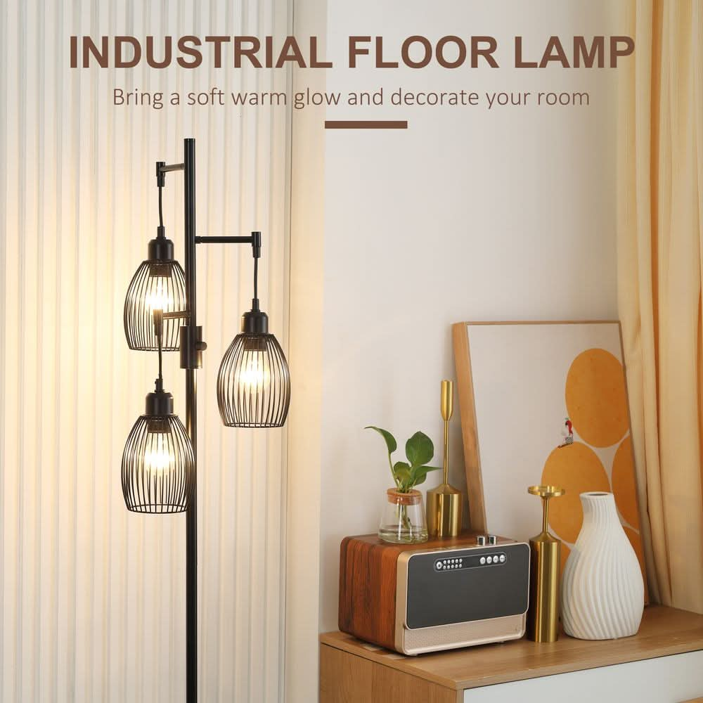 170cm Industrial 3-Light Floor Lamp, Dimmable Black