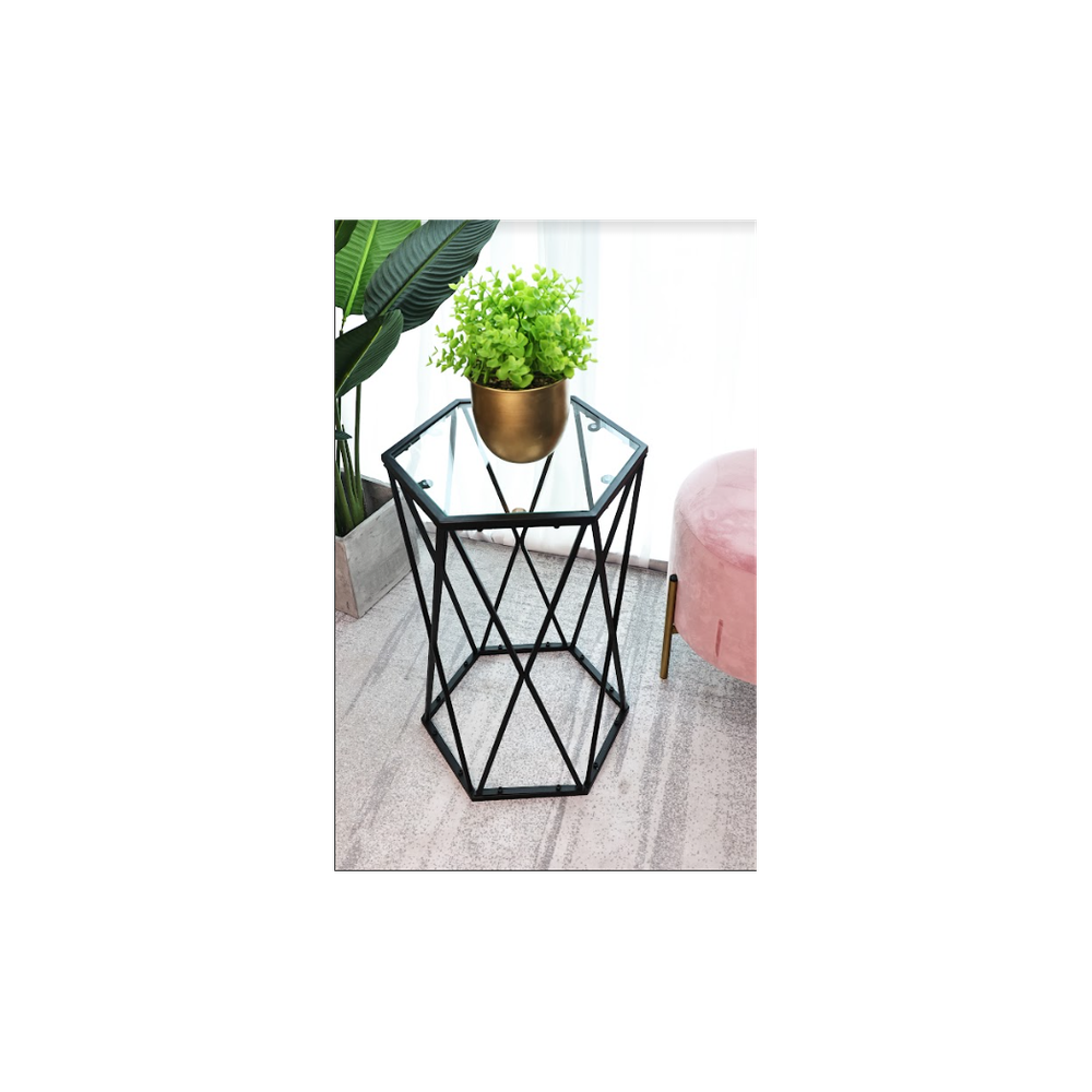 Hexagon Tempered Glass Black Side Table (Small) - SLENDER