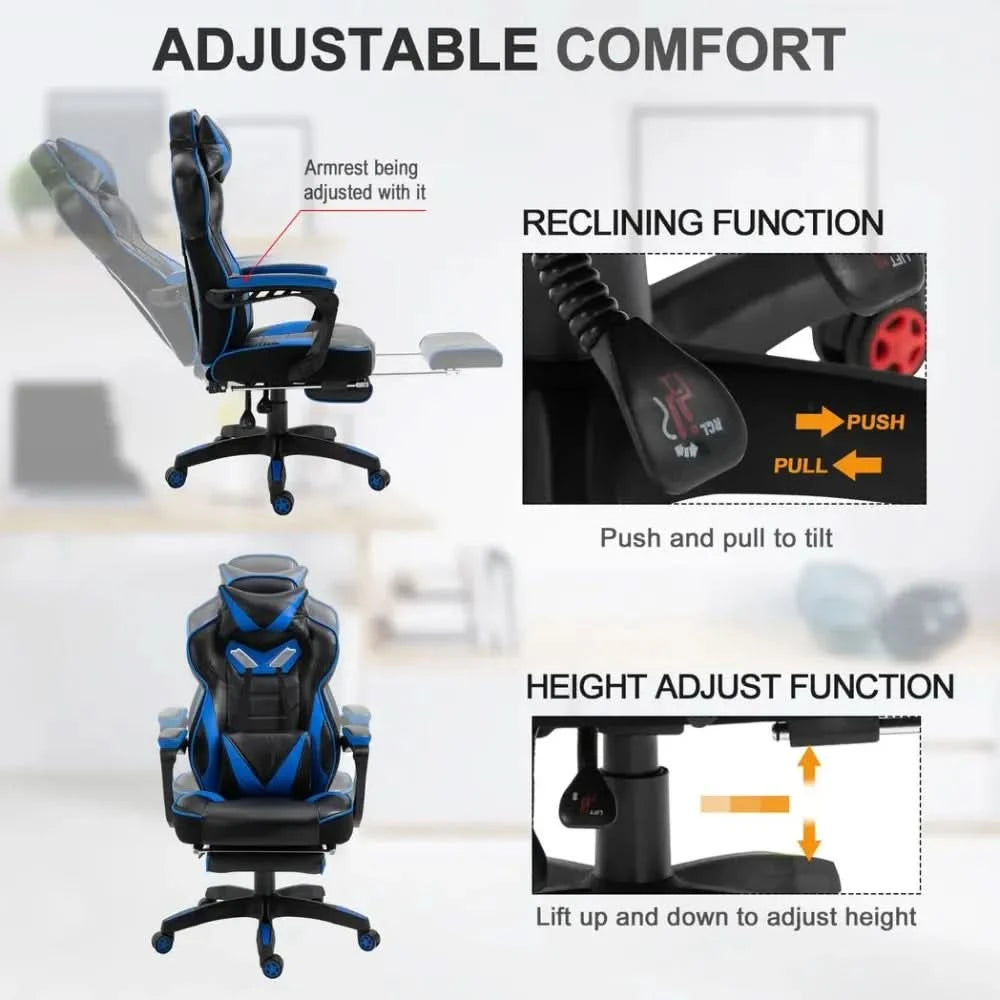 Gaming Chair Ergonomic Reclining w/ Manual Footrest Wheels Stylish Office Blue