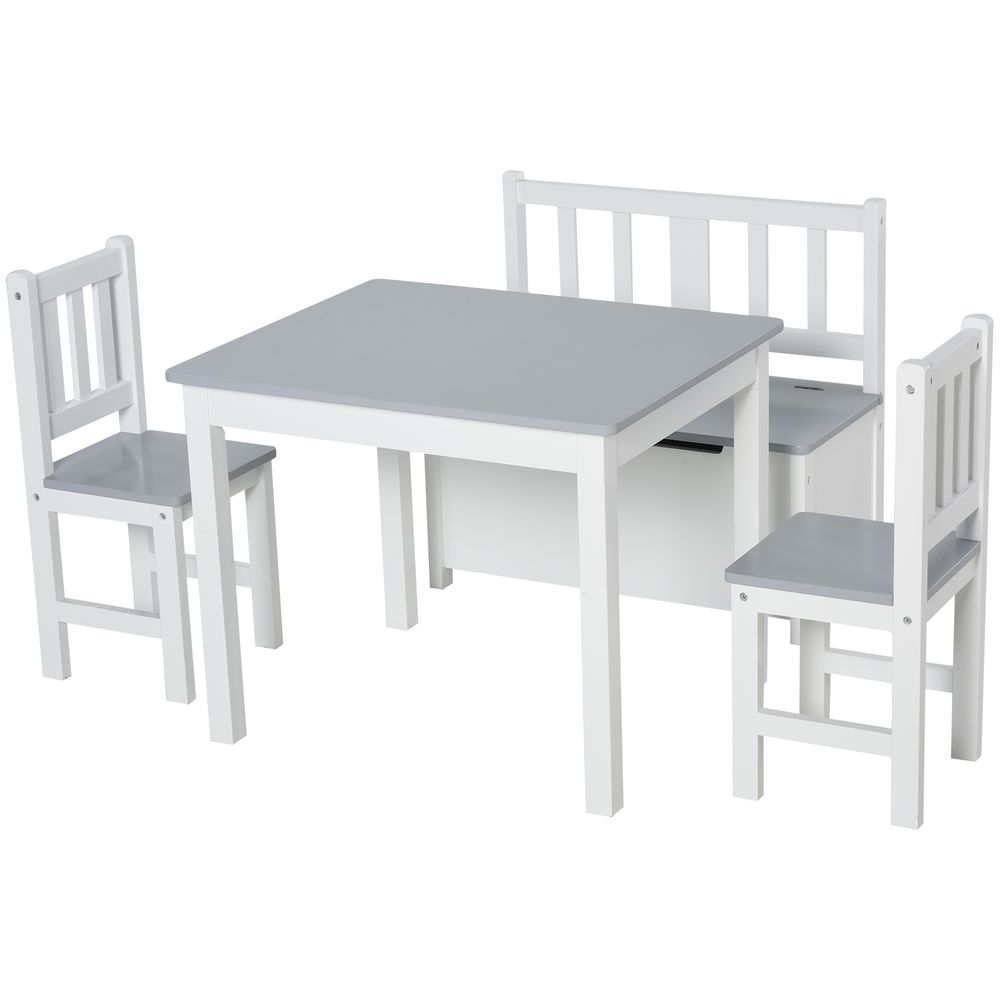 4-Piece Set Kids Wood Table Chair Bench Storage Function for 3 Years+